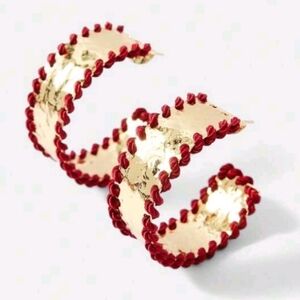 NEW! Elegant Gold Hammered and Red Cord Braided Wide Open Hoop Earrings